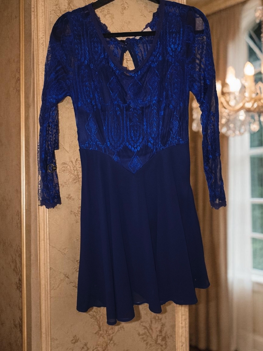 Altar'd State Royal Blue Long Sleeve Lace Fit-and-Flare Dress Size M
